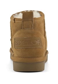 Brown suede winter boot with white fleece lining, stitched pull tab, and rubber sole, viewed from the back.