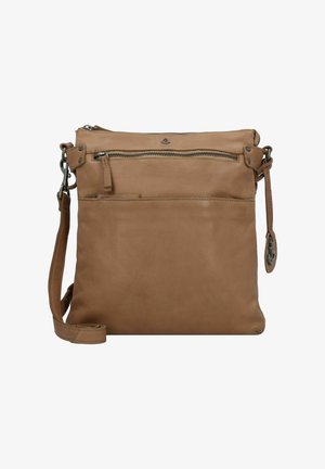 Borsa a tracolla in pelle color tan con finitura texturizzata, dotata di zip nella parte superiore, tasca frontale, tracolla regolabile e dettagli in metallo.