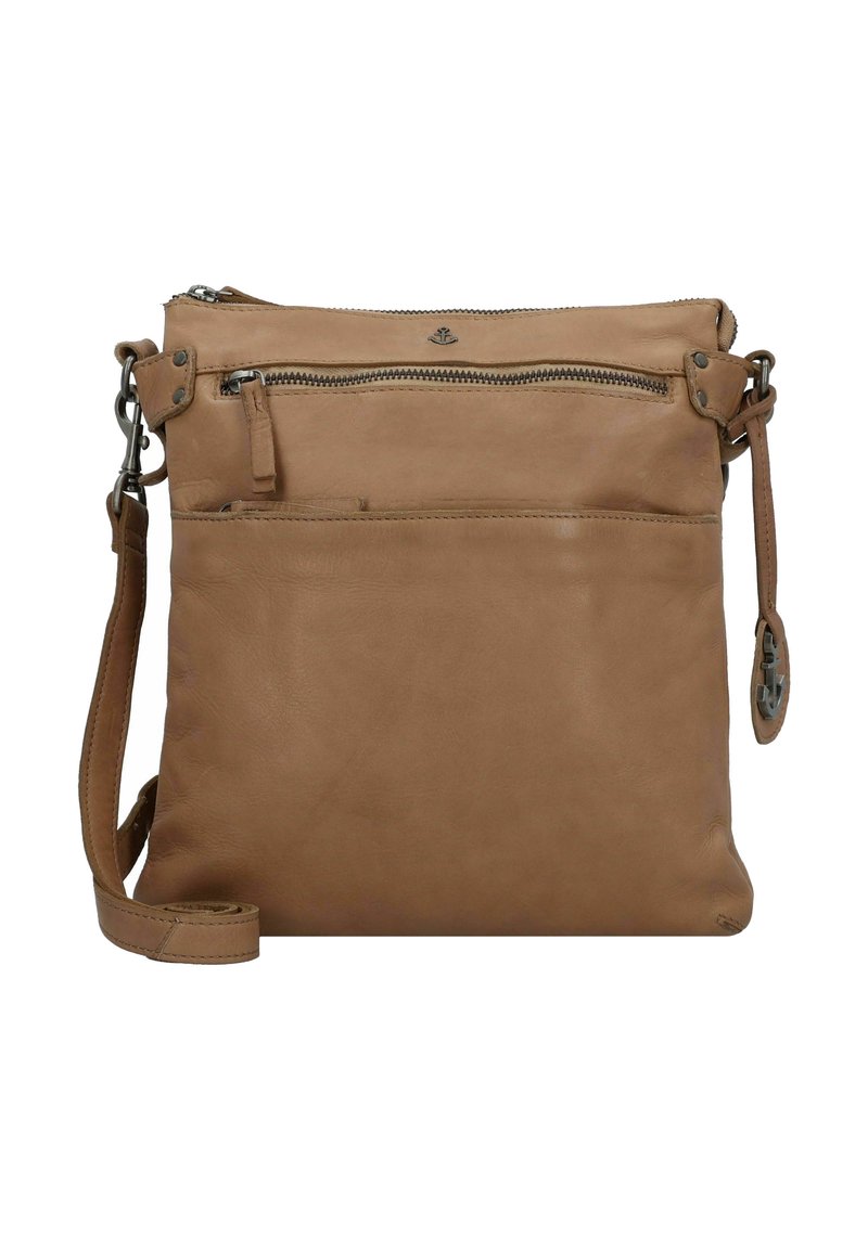 Borsa a tracolla in pelle color tan con finitura texturizzata, dotata di zip nella parte superiore, tasca frontale, tracolla regolabile e dettagli in metallo.
