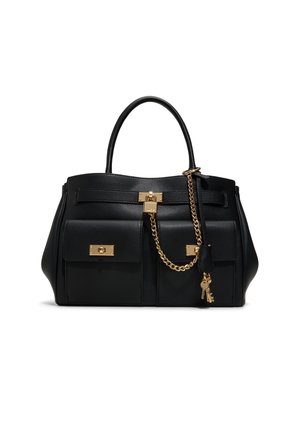 Black leather handbag with dual front pockets, gold-tone locks, a chain strap, and two small hanging key charms.