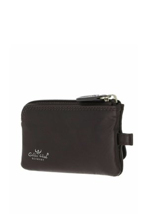 Small dark brown leather zippered coin pouch with "Golden Head Germany" logo printed in white on front.