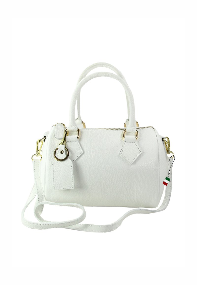 Small white leather handbag with textured finish, gold hardware, dual handles, detachable strap, and geometric tag accents.