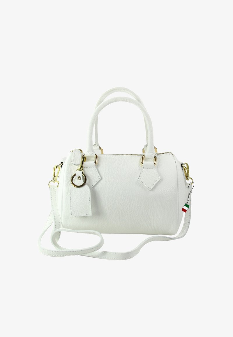 Small white leather handbag with textured finish, gold hardware, dual handles, detachable strap, and geometric tag accents.