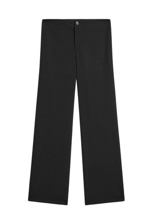 Schwarze Weitbein-Hosen aus leichtem Stoff, mit einem Knopfverschluss, ohne sichtbare Muster und einer glatten, einfarbigen Textur.