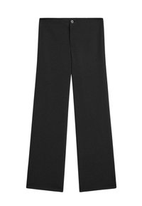 Pantalons larges noirs en tissu léger, dotés d'une fermeture à bouton, sans motifs visibles et d'une texture lisse et unie.