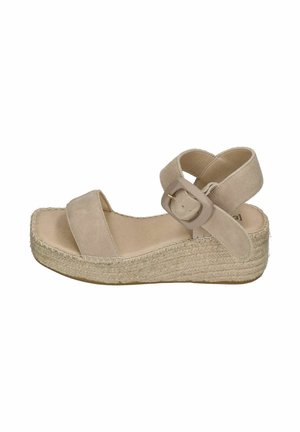 Beige Keilsandalette aus Wildleder mit Knöchelriemen und großer Schnalle, geflochtene Espadrille-Plateausohle.