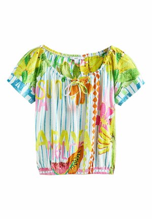 Farverig bluse med korte ærmer med blomster- og frugtprint, lodrette blå striber, rynket halsudskæring med sløjfe og elastisk kant.