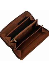 Portafoglio in pelle marrone con chiusura a zip, dotato di più scomparti, slot per carte e tasca interna con zip. Texture liscia.