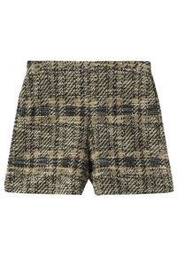 Lyhyet housut ruudullisella tweed-kankaalla, jossa on tekstuuripinta ja musta-beige sävyjä. Suunnittelussa on korjattu istuvuus ja keskikorkea vyötärö.
