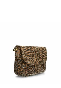 Leopard print fabric shoulder bag with a flap closure, gold hardware accents, and a soft texture. Designed for casual use.