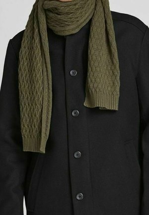 Manteau sombre boutonné avec une écharpe en tricot vert texturé enroulée et pendante librement autour du cou.