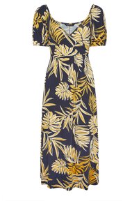 Abito lungo in navy con motivo di foglie tropicali gialle e bianche, caratterizzato da maniche a sbuffo, scollo a V e una silhouette fluida.