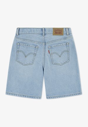 Light blue denim shorts with a high waist, featuring two back pockets with a decorative stitch, and a brown leather brand patch at the back.