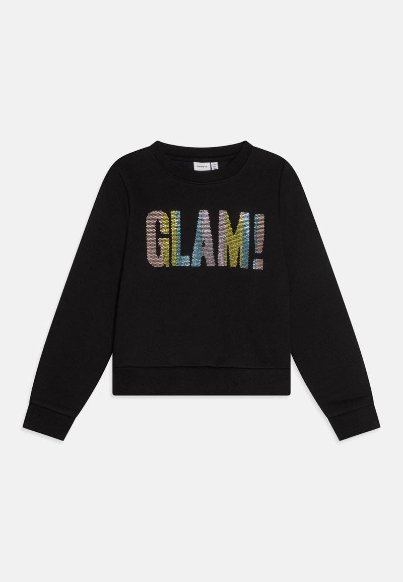 Black sweatshirt featuring a cropped design, ribbed cuffs, and a rainbow-colored "GLAM!" graphic embellished with rhinestones.