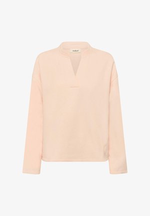 Šviesiai rožinis megztinis su V formos apykakle, ilgomis rankovėmis ir laisvu siluetu. Minkšta audinio tekstūra, lygi paviršiaus struktūra, minimalios siūlės ir be raštų.