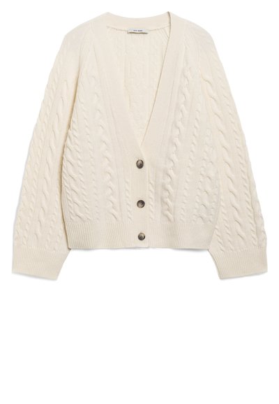 Kreminė megzta kardiganas su V formos iškirpte, pynimo raštu, ilgomis rankovėmis ir penkių mygtukų uždariais priekyje. Minkšta, tekstūruota medžiaga.