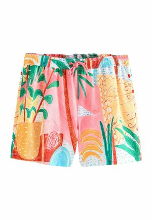 Kolorowe, tropikalne spodenki ze sznurkiem w pasie, zdobione roślinami, bananami i abstrakcyjnymi kształtami w różowych, żółtych, zielonych i niebieskich odcieniach.