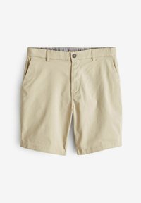 Shorts bej dintr-un material ușor, cu închidere cu buton, buzunare pe laterale și un tiv interior cu un model. Croială dreaptă, până la genunchi.