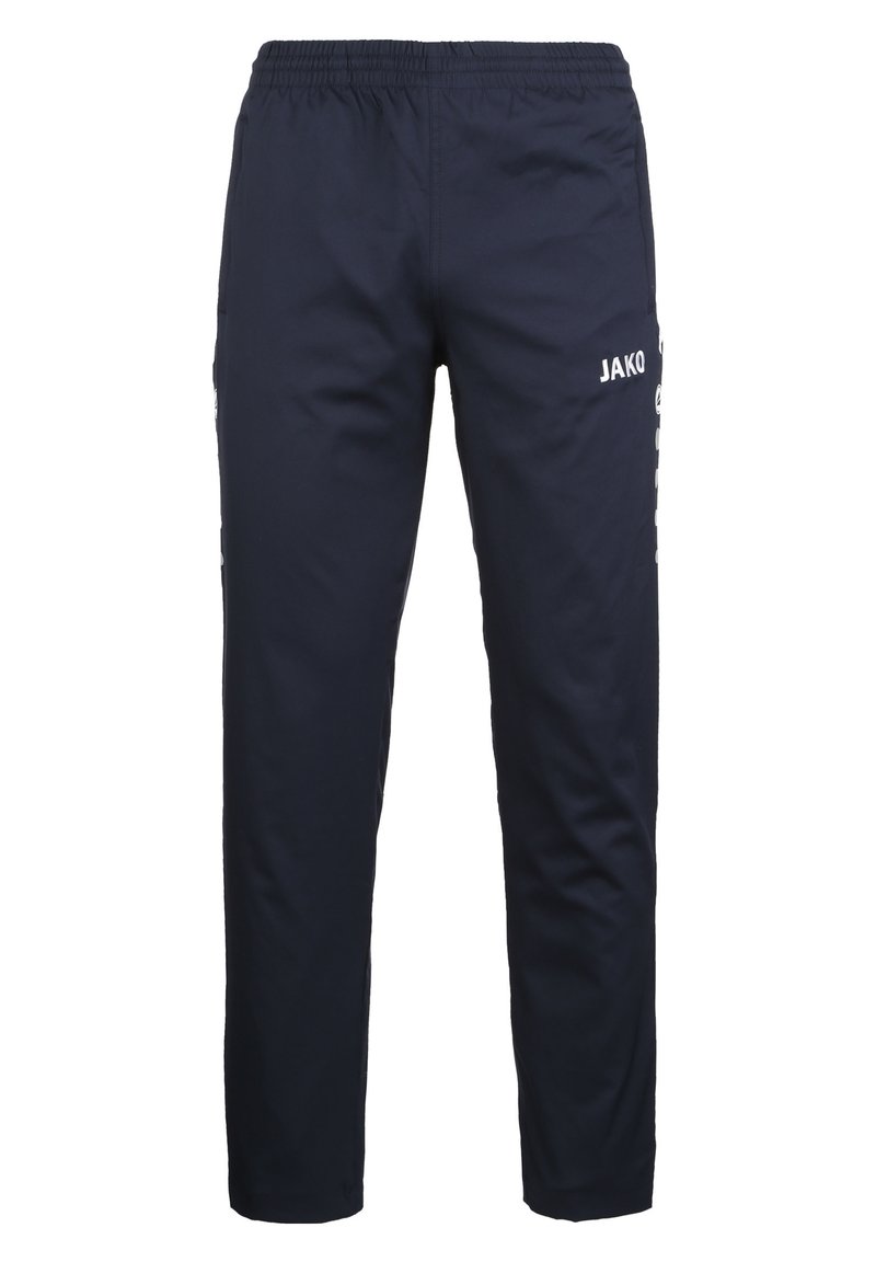Navyblauwe sportbroek met elastische tailleband, contrasterende witte logo- en tekstaccenten aan de zijkant, gemaakt van lichtgewicht materiaal.