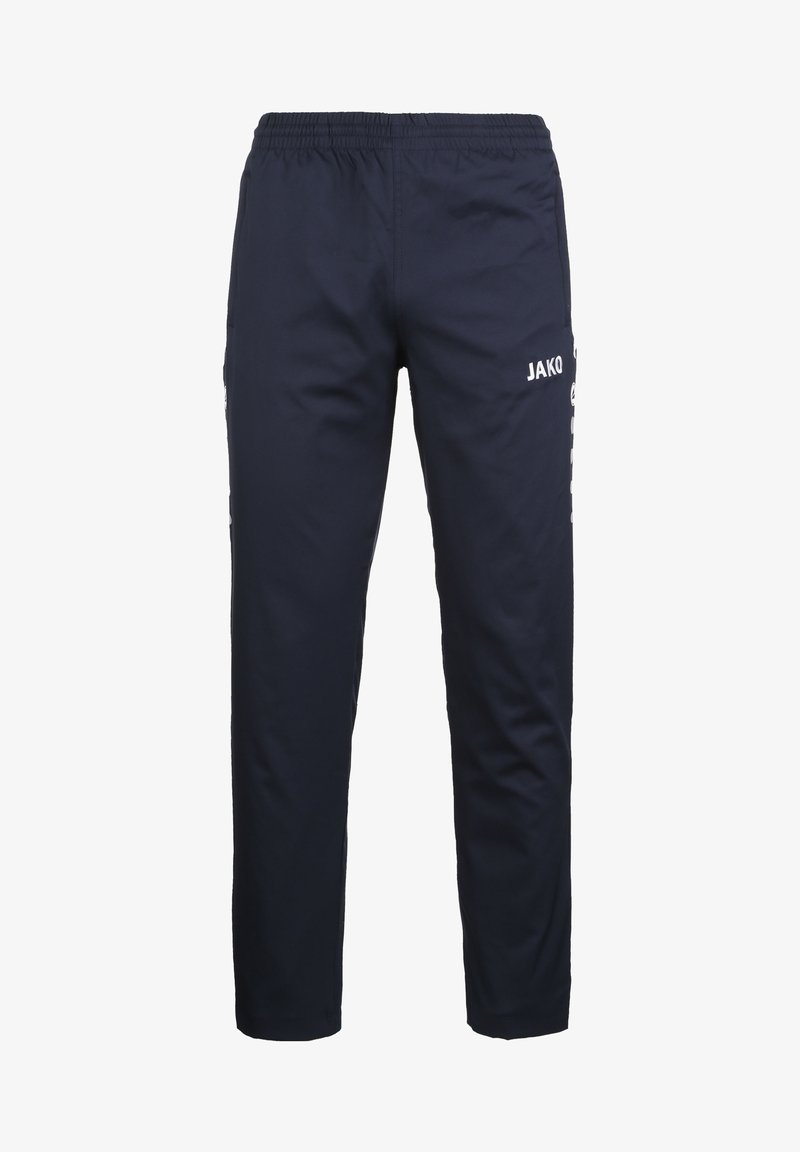 Pantalons de sport bleu marine avec une taille élastique, logo et accents de texte blancs contrastants sur le côté, fabriqués dans un matériau léger.