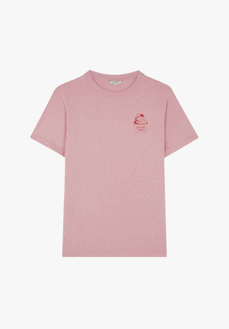 Růžové tričko s krátkým rukávem vyrobené z bavlny. Na levé části hrudi má malou červenou grafiku zmrzliny. Uvolněný střih, kulatý výstřih.