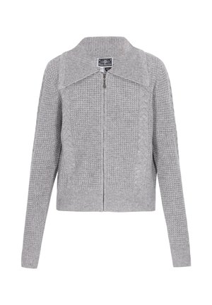 Grauer gestrickter Cardigan mit Reißverschluss, der einen gerippten Kragen, Zopfmuster und lange Ärmel aufweist. Strukturiertes Material und verkürztes Design.