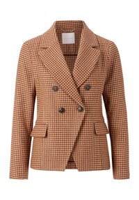 Ruskea houndstooth-kuvioinen bleiseri, jossa on kaksiriviset napit, leikattu kaulus ja kaksi etutaskua. Valmistettu tekstuurista kankaasta.