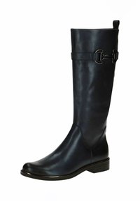 Botte en cuir bleu marine, hauteur genou, au design épuré, avec une sangle et un détail de boucle près de la tige, et un petit talon carré. Texture lisse.