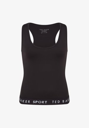 Juodas atletinis marškinėliai su varžybų nugaros dizainu. Apatinėje dalyje yra kontrastinga balta juosta su užrašu "TED BAKER SPORT". Minkšta medžiaga.