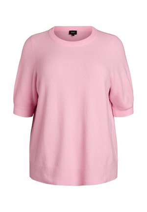 Lichtroze gebreide trui met korte mouwen, een ronde halslijn, geribbelde manchetten en zoom, met een zachte, gestructureerde afwerking.