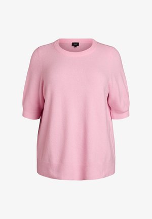 Jasnoróżowy krótki sweter z dzianiny z okrągłym dekoltem, ściągaczami na rękawach i dolnej krawędzi, o miękkiej, fakturowanej powierzchni.