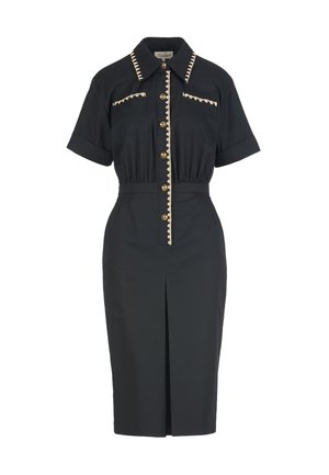 Black short-sleeve midi dress with gold buttons, cream zigzag trim on collar, chest pockets, and front placket, with a front slit.