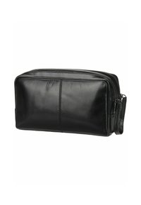 Borsa da toilette in pelle nera con una texture liscia, chiusura con zip sulla parte superiore e una maniglia laterale per un facile trasporto. Decorata con cuciture minimal.