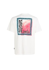 White cotton t-shirt featuring a colorful graphic on the back with a pink background and black and blue designs, including "O'Neill" text.