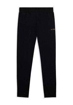 Pantaloni sportivi neri realizzati in un materiale liscio ed elastico. Presentano una fascia in vita spessa, tasche laterali e un piccolo logo dorato sull'anca.