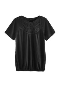 Sort t-shirt med korte ærmer og rund halsudskæring, der har en struktureret hæklekant over brystet og en elastisk kant forneden for en afslappet pasform.