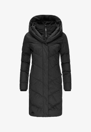 Manteau en duvet noir avec une grande capuche, fermeture éclair et motif matelassé diagonal. Le matériau a l'air lisse avec une finition mate.