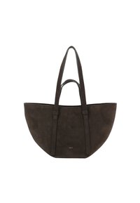 Donkerbruine suède tote bag met twee lange handvaten, een brede ovale vorm en een minimalistisch ontwerp met een subtiele logo aan de voorkant.