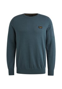 Blauer gestrickter Pullover mit Rundhalsausschnitt, langen Ärmeln und gerippten Manschetten. Verfügt über ein kleines Logopatch auf der Brust und ein strukturiertes Gewebe.