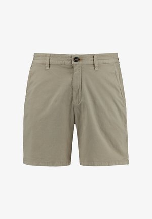 Beige színű, pamut rövidnadrág sima elülső résszel, egysoros gombos záródással és két oldalsó zsebbel. Jellemzi a sima textúra és a laza kialakítás.