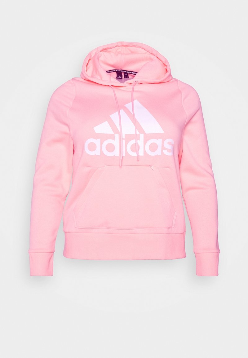Felpa con cappuccio rosa realizzata in tessuto morbido, dotata di tasca frontale, lacci e un logo Adidas bianco con design a tre strisce.