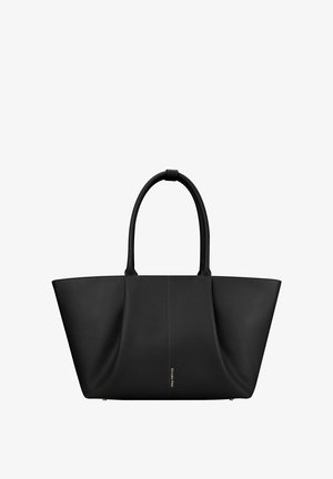 Sort læder tote taske med to håndtag og en diskret guld "Victoria Hyde" logo i midten foran.