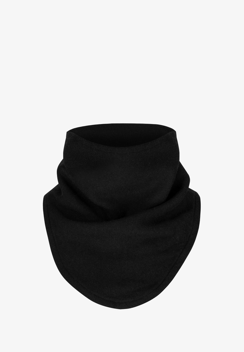 Schwarzer Halswärmer aus weichem Stoff; verfügt über ein nahtloses Design, eine gebogene untere Kante und eine flexible, verstellbare Passform.