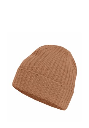 Bruine geribbelde gebreide muts met omgeslagen boord, ontworpen voor warmte en casual gebruik.