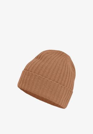 Bonnet en tricot côtelé marron avec revers plié, conçu pour la chaleur et le port décontracté.