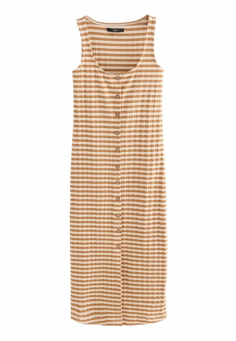 Lange, mouwloze jurk met een ronde hals, voorzien van een lichtbruine en witte gestreepte patroon, verticale ribbels en zeven knopen aan de voorkant.