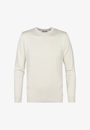 Pulover lung crem deschis cu mânecă lungă și guler rotund. Fabricat dintr-un material moale, texturat. Prezintă manșete și tiv cu model în dungi, cu un detaliu subtil al logo-ului.