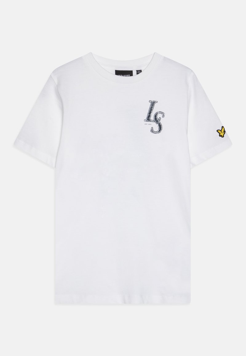 Vit bomullströja med korta ärmar, rund halsringning, en tryckt "LS"-logotyp i blått och en broderad gul fjäril på ärmen.