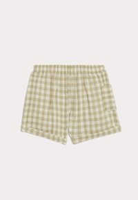 Pantaloni corti a quadri verde chiaro e crema con vita elastica, due tasche laterali e una texture morbida. Presentano una vestibilità comoda e orli arrotolati.