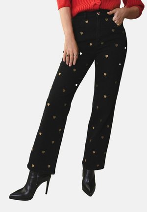 Wide Leg - black & gold heart embroidered